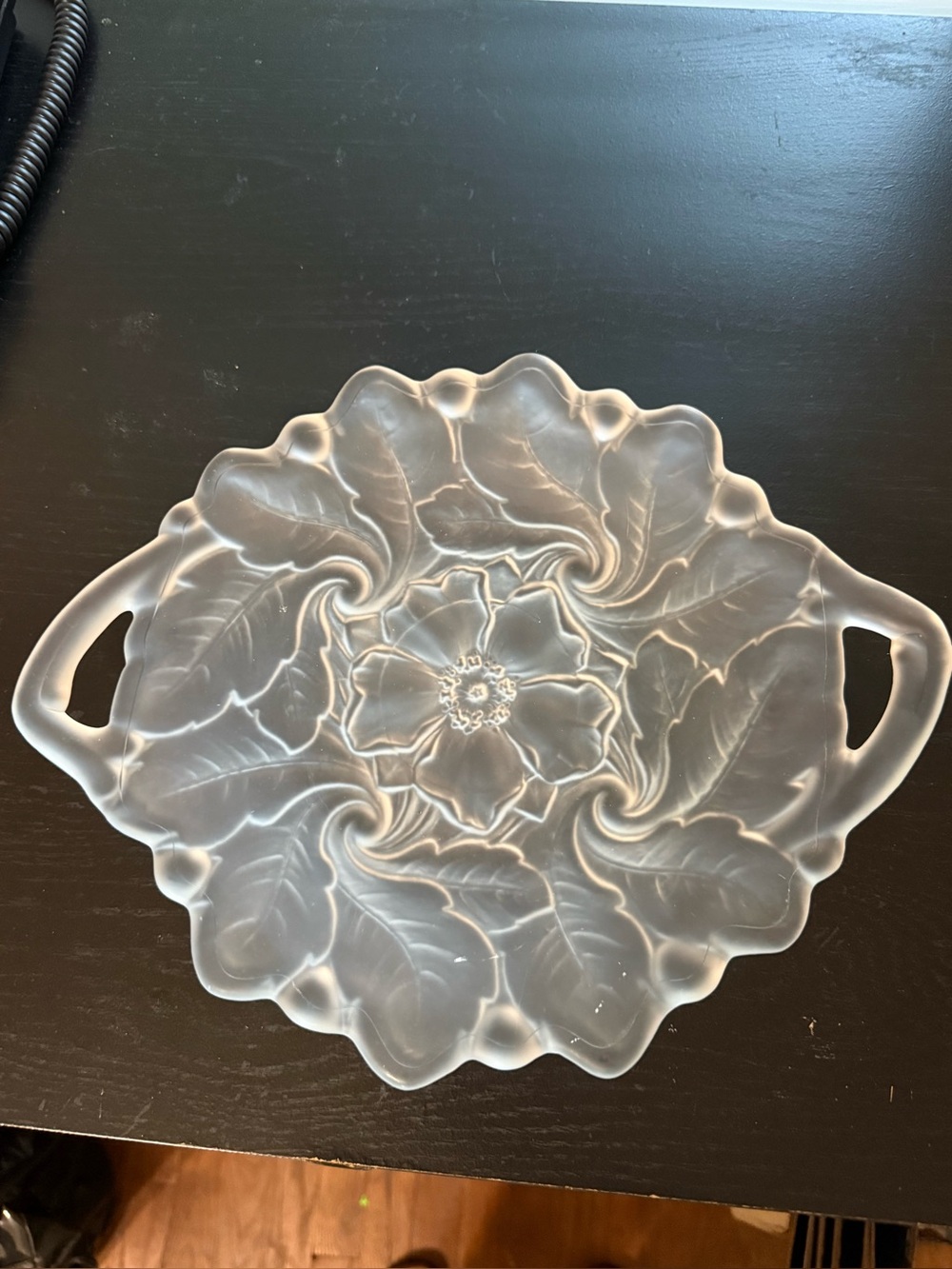 Vintage Frosted Glass Floral Handled Serving Tray Flower Leaf Platter